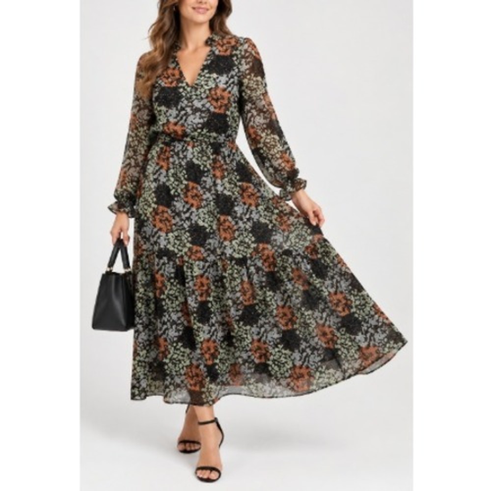 Y.A.S Yasemilio Womens Black Floral V-Neck Ruffle Tiered Midi Dress Size Medium